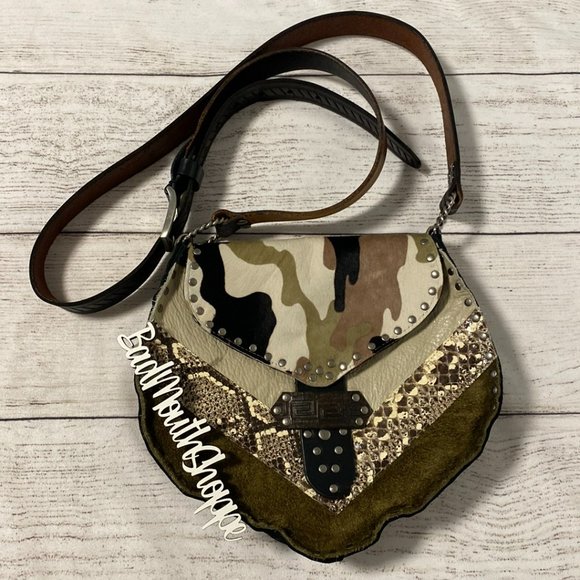 Ransack Leather Handbags - *Ransack Leather Upcycled Handmade Camo Snakeskin Crossbody Purse Saddle Bag